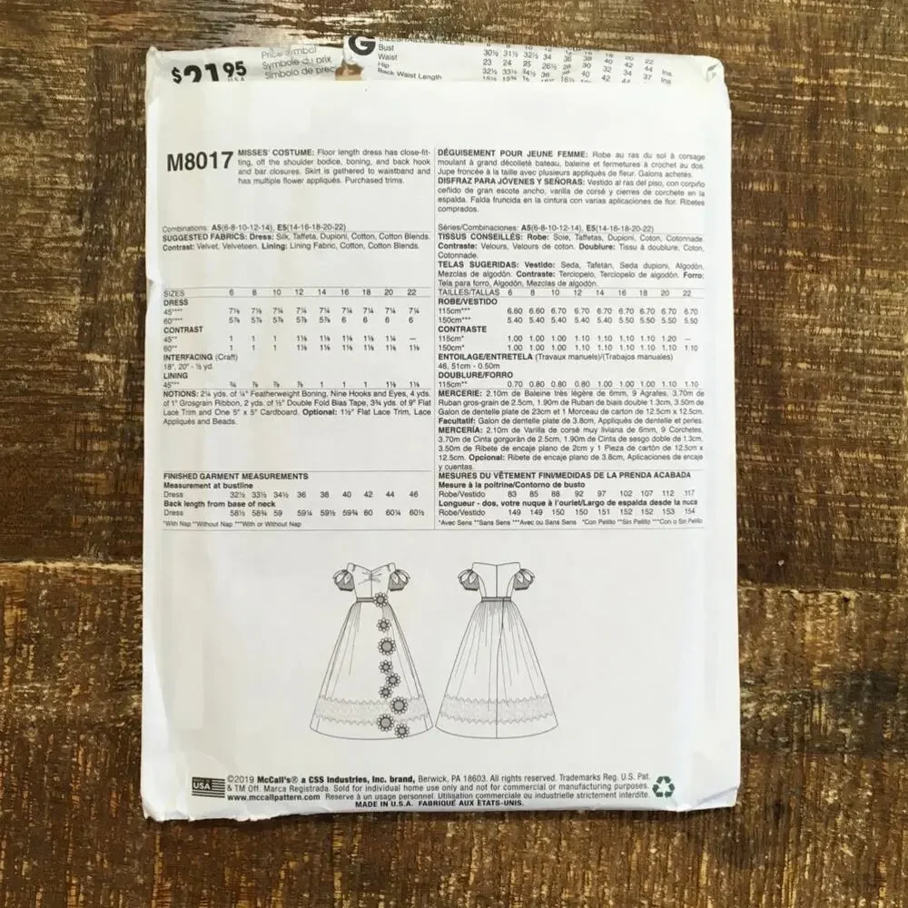 McCalls Sewing Pattern M8017 Outlander Civil War Antebellum Dress 6-14 UNCUT